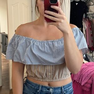Urban Renewal Blue and White Ruffled Off-Shoulder Crop Top